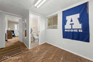 Carpeted bedroom featuring a textured ceiling, baseboards, and ensuite bathroom