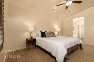 Bedroom featuring carpet floors, baseboards, ceiling fan, and lofted ceiling