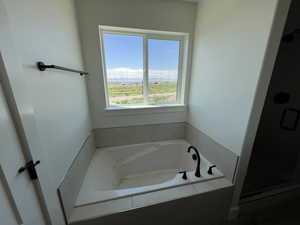Full bathroom featuring a garden tub and a shower stall