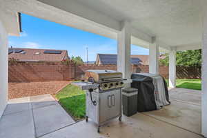 Fenced backyard with a patio area and area for grilling