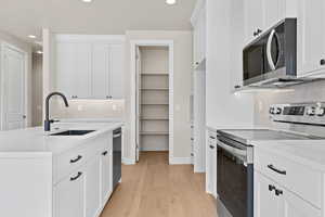 Kitchen with appliances with stainless steel finishes, a sink, recessed lighting, light wood-style floors, and decorative backsplash