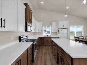 Kitchen featuring stainless steel appliances, vaulted ceiling, a sink, dark wood-style flooring, and healthy amount of natural light