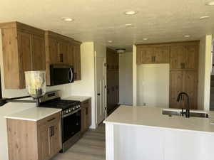 Kitchen featuring appliances with stainless steel finishes, a sink, light wood-style floors, recessed lighting, and brown cabinets