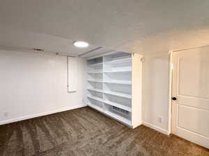 Finished basement with carpet, baseboards, and a textured ceiling