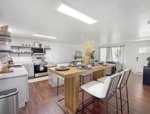 Kitchen with stainless steel appliances, a sink, open shelves, dark wood-type flooring, and a breakfast bar area