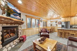 Living area featuring wood ceiling, a wainscoted wall, wooden walls, baseboard heating, and a stone fireplace