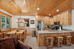 Kitchen featuring stainless steel appliances, wooden ceiling, a wainscoted wall, a peninsula, and a sink