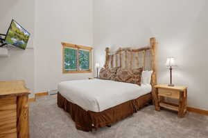 Carpeted bedroom with baseboard heating, baseboards, and a high ceiling