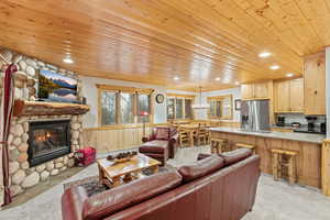 Living room with wooden ceiling, a fireplace, a wainscoted wall, wooden walls, and baseboard heating