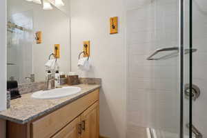 Full bathroom featuring vanity and a stall shower