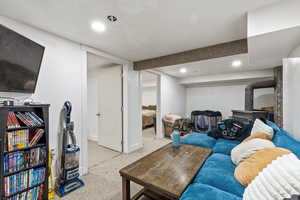 Living room with carpet floors, recessed lighting, and a wood stove