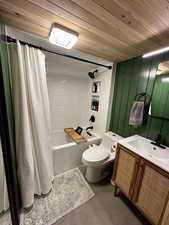 Full bath featuring toilet, vanity, wooden ceiling, shower / bathtub combination with curtain, and concrete flooring