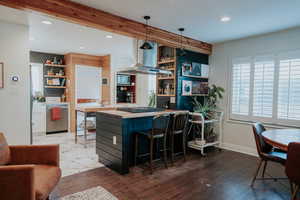 Kitchen featuring open shelves, island exhaust hood, dishwasher, recessed lighting, and gas stovetop