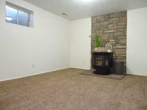 Efficient pellet stove in the basement family room