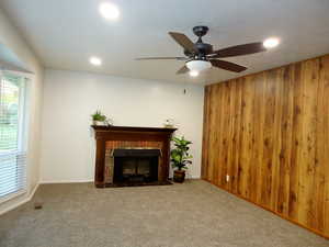 Wood-burning fireplace with blower in the living room