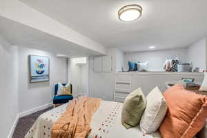 Carpeted bedroom with baseboards and a closet