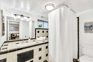 Bathroom featuring toilet, vanity, and a shower with shower curtain