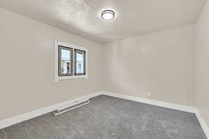 Spare room with carpet, a textured ceiling, and baseboards