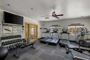 Gym with ceiling fan, baseboards, and carpet floors