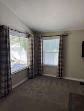 Unfurnished room with carpet flooring, healthy amount of natural light, baseboards, and vaulted ceiling