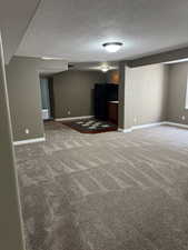 Unfurnished living room with carpet floors, baseboards, and a textured ceiling