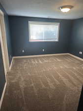 Empty room featuring carpet floors, baseboards, and a textured ceiling