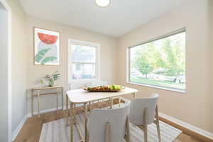 Dining area with healthy amount of natural light, wood finished floors, baseboards, and a textured ceiling