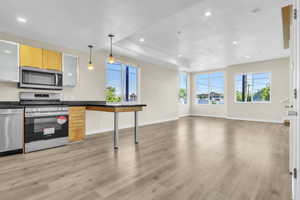 Kitchen featuring appliances with stainless steel finishes, light wood-style flooring, recessed lighting, dark countertops, and pendant lighting