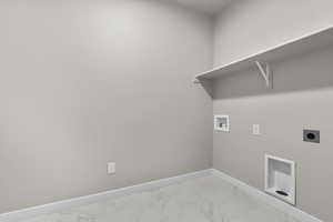Laundry area featuring light marble finish flooring, hookup for a washing machine, electric dryer hookup, and baseboards