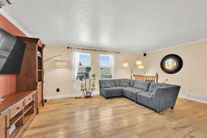Living area featuring light wood-type flooring, a textured ceiling, ornamental molding, and baseboards