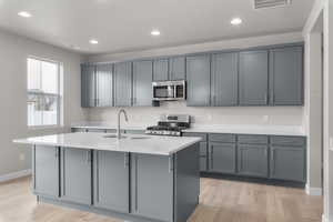 Kitchen with stainless steel appliances, a sink, light wood finished floors, a kitchen island with sink, and light countertops