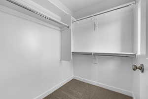 Spacious closet featuring dark colored carpet