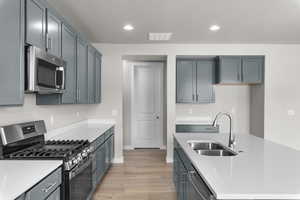 Kitchen featuring appliances with stainless steel finishes, a sink, light wood-style flooring, light countertops, and recessed lighting