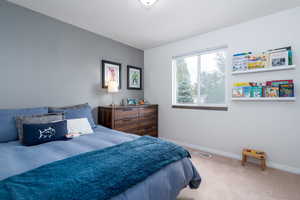 Carpeted bedroom with baseboards