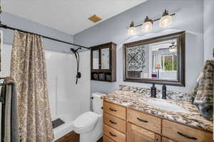 Full bathroom featuring toilet, a shower with shower curtain, vanity, and wood finished floors