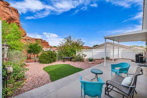 Fenced backyard with a patio and a grill
