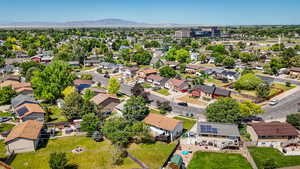 Aerial perspective of suburban area featuring mountains