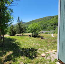View of green lawn with a mountain view and a rural view