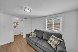 Living room featuring light wood-style floors, baseboards, and plenty of natural light