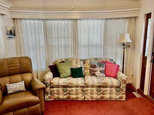 Living area with carpet floors