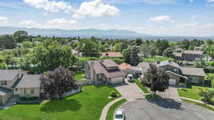 Aerial perspective of suburban area with mountains