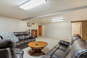 Carpeted living area with a textured ceiling