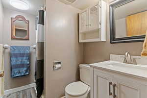 Bathroom featuring vanity, light wood-style floors, and a shower with curtain