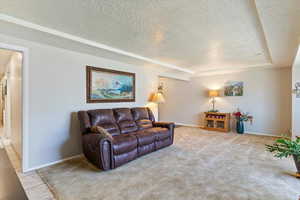 Carpeted living area with a textured ceiling and baseboards