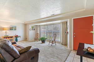 Living room featuring a textured ceiling, carpet floors, a raised ceiling, and tile patterned flooring