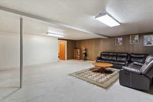 Living area featuring carpet flooring and wooden walls