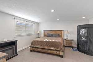 Primary Bedroom with carpet, baseboards, and recessed lighting