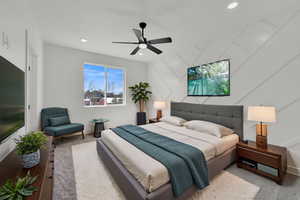 Bedroom with carpet floors, recessed lighting, and ceiling fan