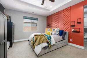 Bedroom featuring baseboards, a raised ceiling, carpet floors, and ceiling fan