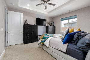 Bedroom featuring a tray ceiling, carpet, recessed lighting, baseboards, and ceiling fan